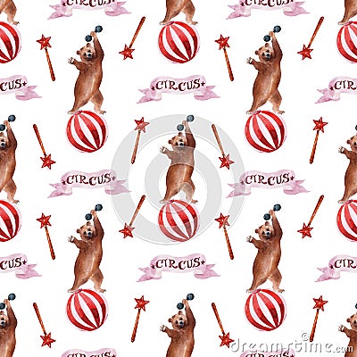 Watercolor seamless pattern with circus bears and festive attributes, balloons, banners, magic wands and popcorn Stock Photo