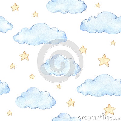 Watercolor seamless pattern - clouds and stars. Starry sky background. Ideal for a children room. Good night print. Baby shower. Stock Photo