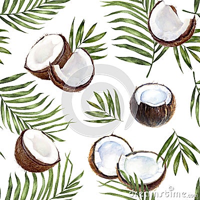 Watercolor seamless pattern coconut isolated on white. Stock Photo
