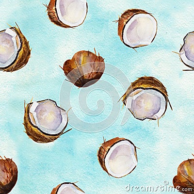 Watercolor seamless pattern with coconuts. Watercolor background. Cartoon Illustration