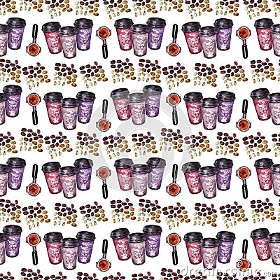 Watercolor seamless pattern with coffee attributes and coffee Stock Photo