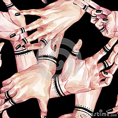 Watercolor seamless pattern, collection of girls hands with mehendi on black background. Body parts. Gestures and hand Cartoon Illustration