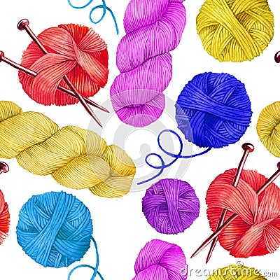 Watercolor seamless pattern with colored skeins for knitting. cute, bright print on the topic of knitting, crocheting, needlework, Stock Photo