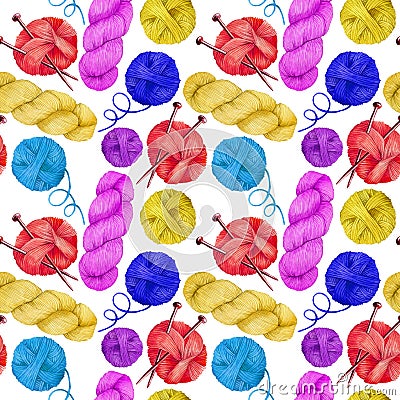 Watercolor seamless pattern with colored skeins for knitting. cute, bright print on the topic of knitting, crocheting, needlework, Stock Photo