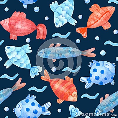 Watercolor seamless pattern with colorful fish, waves and pearls on navy blue Cartoon Illustration