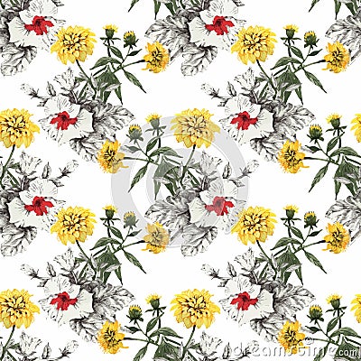 Watercolor seamless pattern with colorful flowers and leaves on white background, watercolor floral pattern, flowers in Vector Illustration