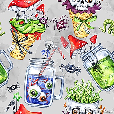 Watercolor seamless pattern, cone with skull, glass cups with potion, eyes, amanitas. Halloween holiday illustration Cartoon Illustration