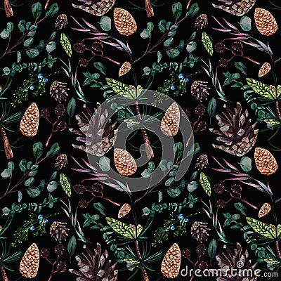 Watercolor seamless pattern, consisting of pine, juniper, alder and eucalyptus branches and pine cones on black background. Stock Photo