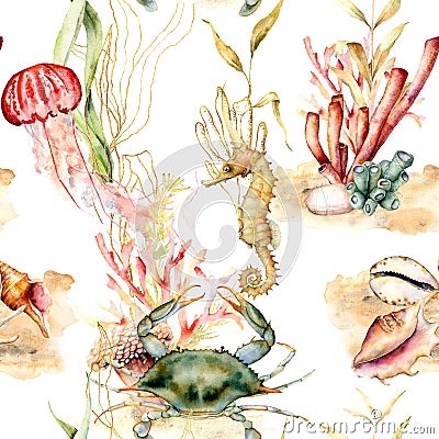 Watercolor seamless pattern with coral plants, animals. Hand painted crab, jellyfish, seahorse and shell illustration Cartoon Illustration