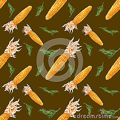 Watercolor seamless pattern with corn and dill. Aquarelle Background of Thanksgiving Cartoon Illustration