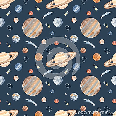 Watercolor seamless pattern cosmos with planets of the solar system mercury, mars, earth, venus, jupiter, saturn, neptune, pluto, Stock Photo