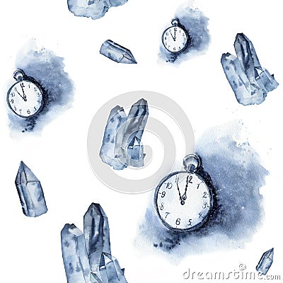 Watercolor seamless pattern with crystal of ice and vintage clock. Watercolor blue gem and pocket watch isolated on Stock Photo