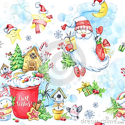 Watercolor seamless pattern with a cup of cream, gingerbread, fairy-tale snowmen, Santa Claus and gifts. Cartoon Illustration
