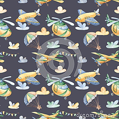 Watercolor seamless pattern with cute airplanes, helicopters, airship, balloon. Stock Photo