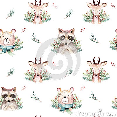 Watercolor seamless pattern with cute baby bear, raccoon and deer cartoon animal portrait design. Winter holiday card on Stock Photo
