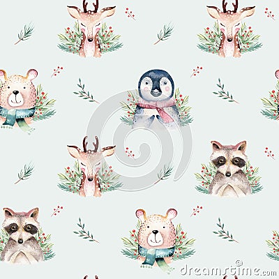 Watercolor seamless pattern with cute baby bear, raccoon, penguin and deer cartoon animal portrait design. Winter Stock Photo