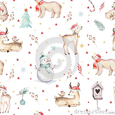 Watercolor seamless pattern with cute baby bear, snowman, bird and deer cartoon animal portrait design. Winter holiday Stock Photo