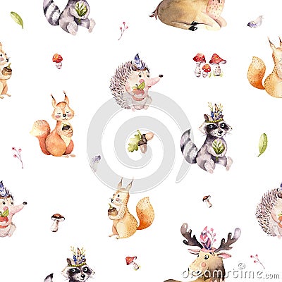 Watercolor seamless pattern of cute baby cartoon hedgehog, squirrel and moose animal for nursary, woodland forest Cartoon Illustration