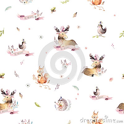 Watercolor seamless pattern of cute baby cartoon hedgehog, squirrel and moose animal for nursary, woodland forest Cartoon Illustration