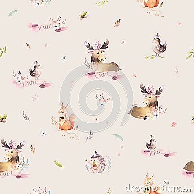 Watercolor seamless pattern of cute baby cartoon hedgehog, squirrel and moose animal for nursary, woodland forest Cartoon Illustration