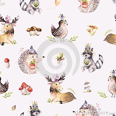 Watercolor seamless pattern of cute baby cartoon hedgehog, squirrel and moose animal for nursary, woodland forest Cartoon Illustration