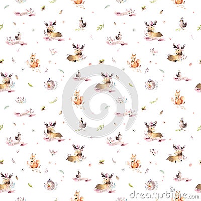 Watercolor seamless pattern of cute baby cartoon hedgehog, squirrel and moose animal for nursary, woodland forest Cartoon Illustration