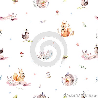 Watercolor seamless pattern of cute baby cartoon hedgehog, squirrel and moose animal for nursary, woodland forest Cartoon Illustration