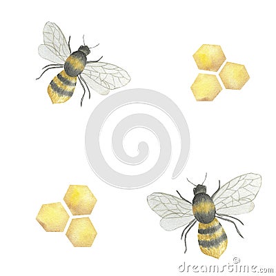 Watercolor seamless pattern. Cute bees and honeycombs on a white background. Stock Photo