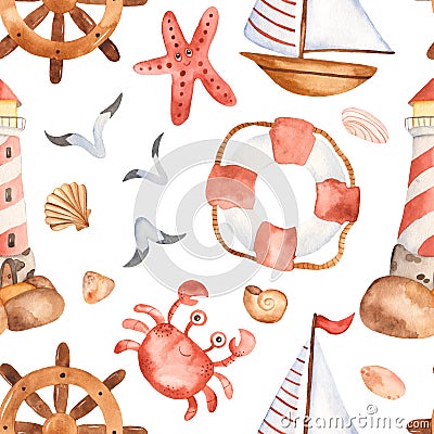 Watercolor seamless pattern with cute cartoon childrens beacon, whale, anchor, steering wheel. Stock Photo