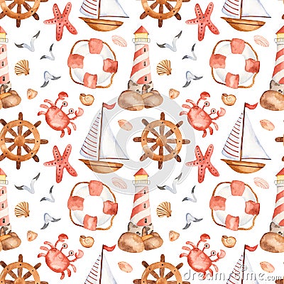 Watercolor seamless pattern with cute cartoon childrens beacon, whale, anchor, steering wheel. Stock Photo