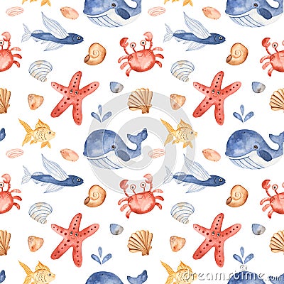 Watercolor seamless pattern with cute cartoon kids underwater creatures. Stock Photo