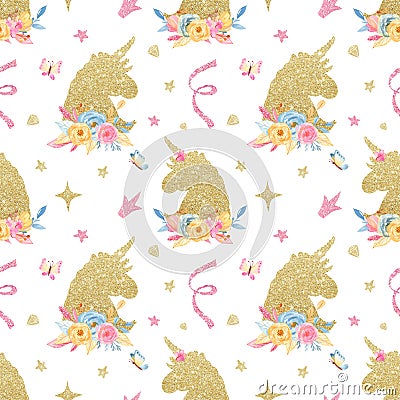 Watercolor seamless pattern with cute cartoon romantic golden unicorn, flowers, diamond, horn. Stock Photo