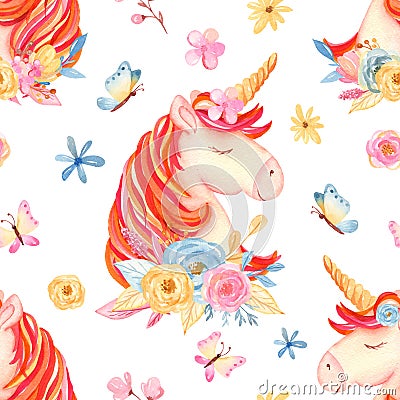 Watercolor seamless pattern with cute cartoon romantic unicorn and flowers. Stock Photo