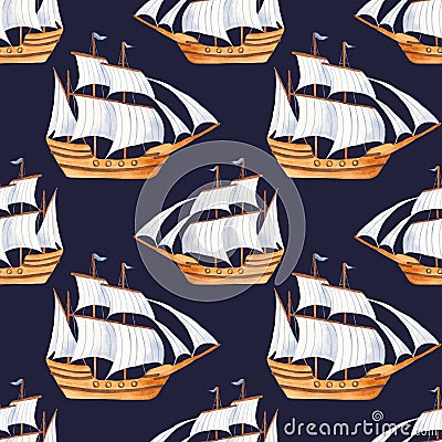 Watercolor seamless pattern with cute cartoon sailing ship. Stock Photo