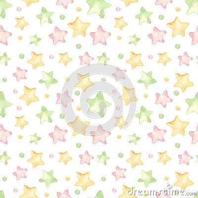 Watercolor seamless pattern with cute colored stars. Stock Photo