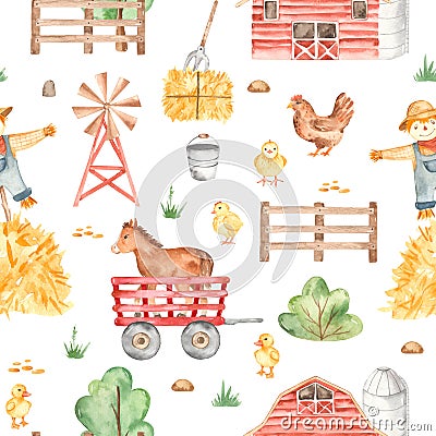 Watercolor seamless pattern with cute farm, tractor, hay, wind pump Stock Photo