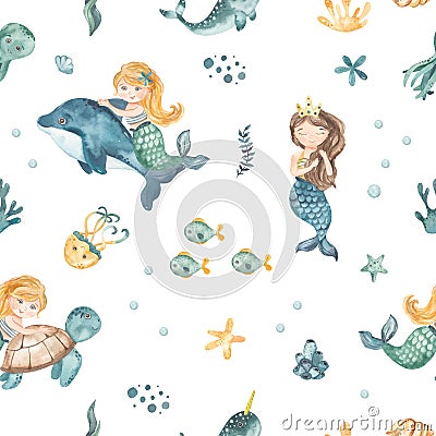 Watercolor seamless pattern with a cute mermaid girl on a dolphin, sea turtle, shell, fish, octopus, starfish, algae, corals, Stock Photo