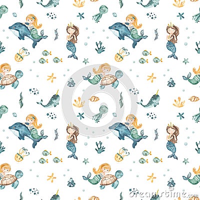 Watercolor seamless pattern with a cute mermaid girl on a dolphin, sea turtle, shell, fish, octopus, starfish, algae, corals, Stock Photo