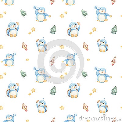 Watercolor Seamless Pattern with cute Penguin, stars, ships and rockets. Space Background for Kids. Galaxy design Stock Photo