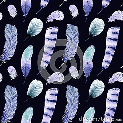 Hand drawn feathers. Watercolor seamless pattern Stock Photo