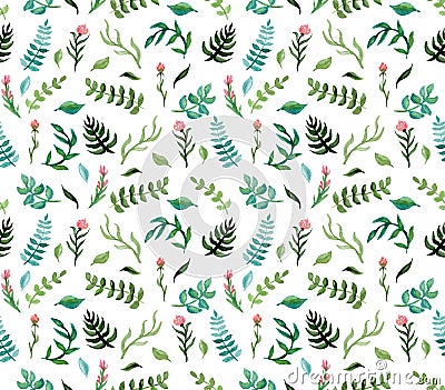 Watercolor Seamless Pattern with Deep Green Ferns, Blue Leaves and Pink Flowers Stock Photo