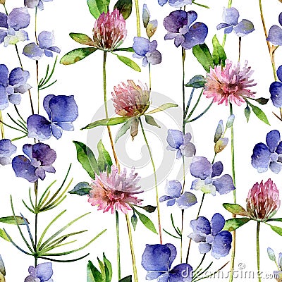 Watercolor seamless pattern with delphinium flowers and clover flowers Cartoon Illustration