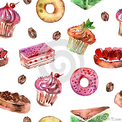 Watercolor seamless pattern with deserts, cupcakes, donuts and coffee Stock Photo