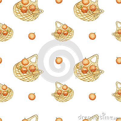 Watercolor seamless pattern design with oranges in the net bag. Creative for eco products, paper or clothes Stock Photo
