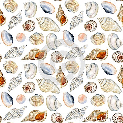 Watercolor seamless pattern with different seashells and pearls on white background in blue, orange, beige colors Stock Photo