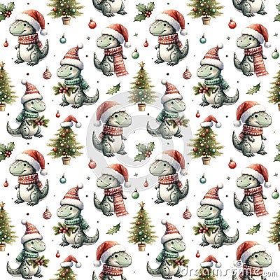Watercolor seamless pattern with dinosaurs, Christmas trees and holiday decorations isolated on white background Stock Photo
