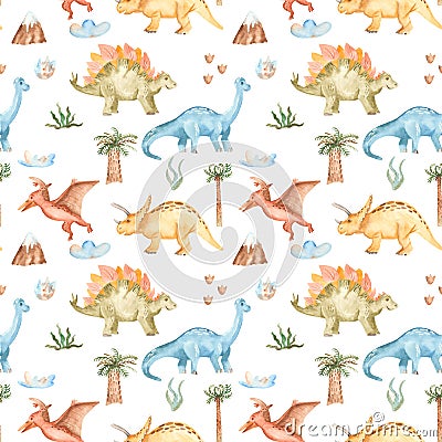 Watercolor seamless pattern with dinosaurs, mountains, palm trees, plants. Stock Photo