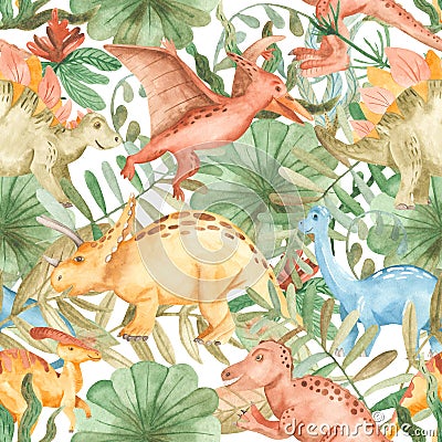 Watercolor seamless pattern with dinosaurs, mountains, palm trees, plants. Stock Photo