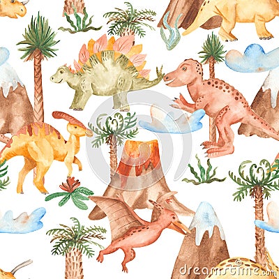 Watercolor seamless pattern with dinosaurs, mountains, palm trees, plants. Stock Photo