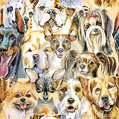 Watercolor seamless pattern of dogs on white background Stock Photo